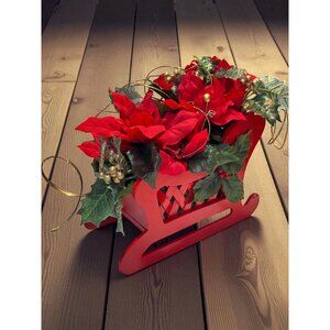 Vintage Red Wooden Sleigh With Faux Poinsettias & Holly Arrangement Christmas D